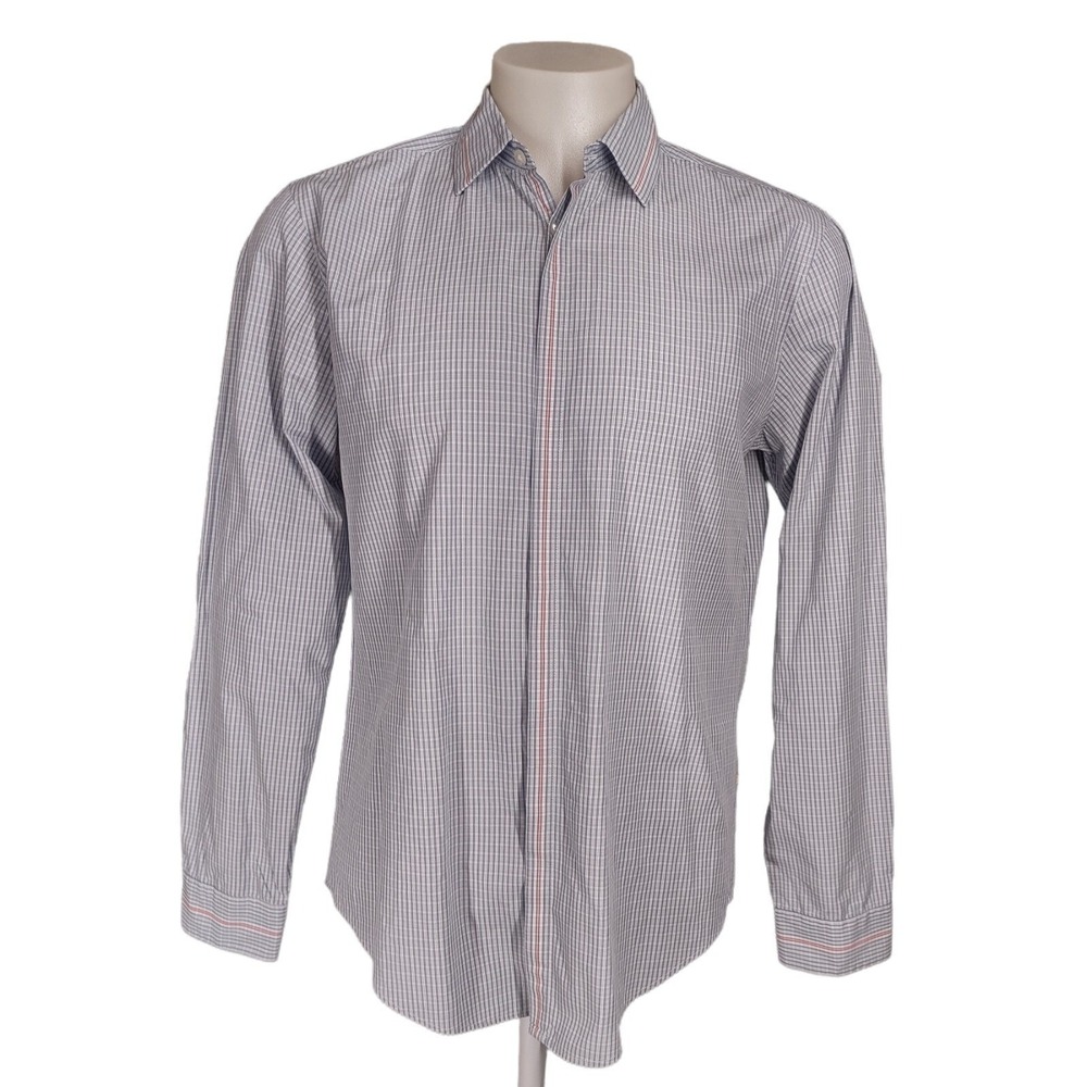 Hugo Boss Orange Shirt Men's Size L Blue Plaid Long Sleeve Button Up Streetwear